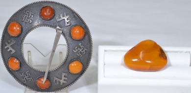 Jewellery - Latvian traditional silver and amber brooch (40grams) with single amber stone brooch (10grams)