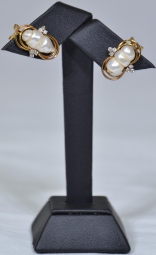 Jewellery - Pair of stamped 10 K gold and diamond pearl earrings. 9grams total weight.