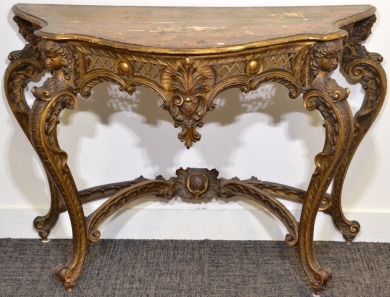 Furniture - Ital carved giltwood serpentine console table, 19th century of the Baroque style. 120 x 90 cm