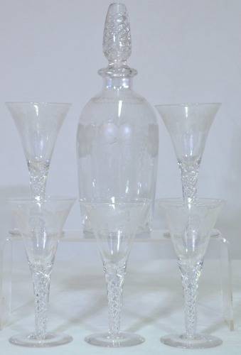 Antiques x 6 - Etched glass sherry set. 1 x Decanter (18cm) and 5 x glasses with barley twist stems. The twists match the decanter's stopper.