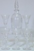 Antiques x 6 - Etched glass sherry set. 1 x Decanter (18cm) and 5 x glasses with barley twist stems. The twists match the decanter's stopper.