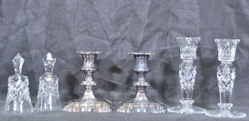 Antiques x 6 - Mixed lot. 2 x Forged candle sticks. 13cm. 2 x Cut glass candle sticks. 16cm. 2 x Crystal bells. 12cm.
