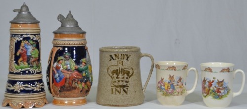 Ceramics x 5 - A selection of mugs and tankards includes two Bunnykins mugs.
