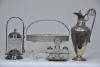 Antiques x 5 - Mixed lot includes nickel plated silver plate, cut glass and silver plate pickle jar, cut glass and silver plate cruet set, cut glass and silver plate serving dish, and glass mustard pot with spoon.