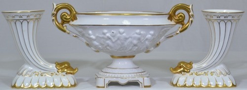 Antiques - Mantle set including 1 x Capodimonte urn and 2 x cornucopias (Unmarked).