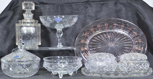 Antiques x 8 - Mixed lot of glass items. Compote, lidded decanter, dressing table items, serving tray, decorative port decanter with label.