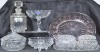 Antiques x 8 - Mixed lot of glass items. Compote, lidded decanter, dressing table items, serving tray, decorative port decanter with label.