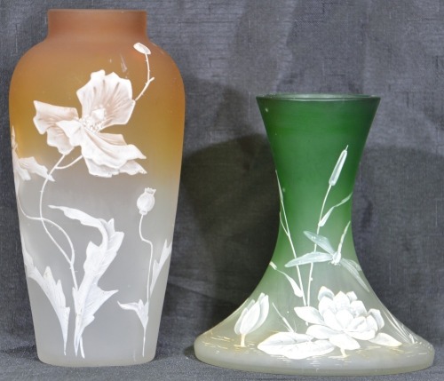 Antiques x 2 - Vases. 1 x Amber and clear with enamel flowers. 20cm. 1 x Green and clear with enamel flowers and dragonfly. 16cm.