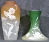 Antiques x 2 - Vases. 1 x Amber and clear with enamel flowers. 20cm. 1 x Green and clear with enamel flowers and dragonfly. 16cm.