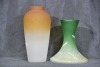 Antiques x 2 - Vases. 1 x Amber and clear with enamel flowers. 20cm. 1 x Green and clear with enamel flowers and dragonfly. 16cm. - 3