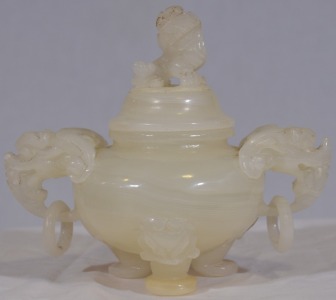Asian Artifact - Incense Holder. Chinese Qinghai white jade carved incense holder. H 14 x W 16cm. Minor damage and some dirt in the detail.