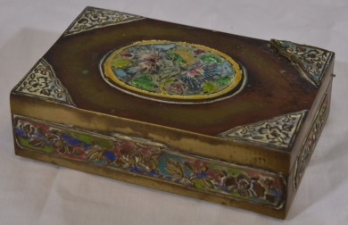 Asian Artifact - Metal and wood lined box with enamel panels. L 13 cm x W 9 cm. Early and crude.