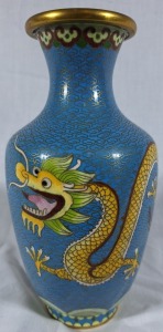 Asian Artifact - Cloisonne vase featuring blue background with yellow dragon. H 20cm. Minor impact / damage to the lip.