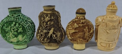 Asian Artifact x 4 - Snuff Bottles. 3 x Carved items including elephant H 7 cm. Mixed lot. Two bottles are missing stoppers.