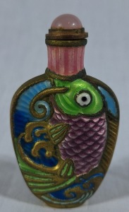 Asian Artifact - Snuff Bottle. Metal based bottle with enamel fish complete with metal spoon stopper. Unusual design and attractive. H 8cm.