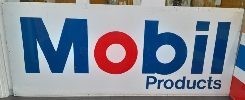 Plastic Sign - Two-panelled Mobil Products sign, first panel is 122 cm x 3 metres, second panel is 122 cm x 120 cm