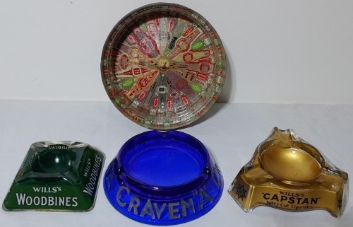 Group Lot - Ashtrays x 4, Craven A in cobalt blue glass, Woodbines painted green, Capstan painted gold and decoupage bowl made from cigar bands.