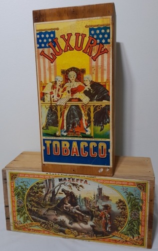 Wooden Tobacco Box with Label x 2 - Modern tobacco boxes including brands Luxury Tobacco and Mazeppa