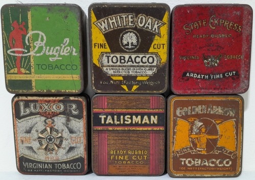 Tobacconalia x 6 - Square tins various brands including Luxor, White Oak, Bugler, State Express, Golden Arrow, Talisman
