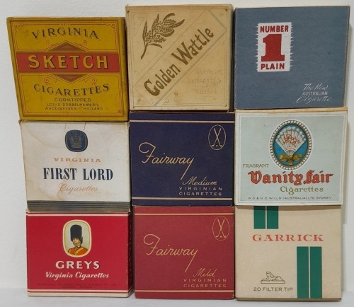 Tobacconalia x 9 - Cigarette packets includes Greys, Sketch, First Lord, Golden Wattle, Garrick, Vanity Fair, No 1 Plain, Fairway