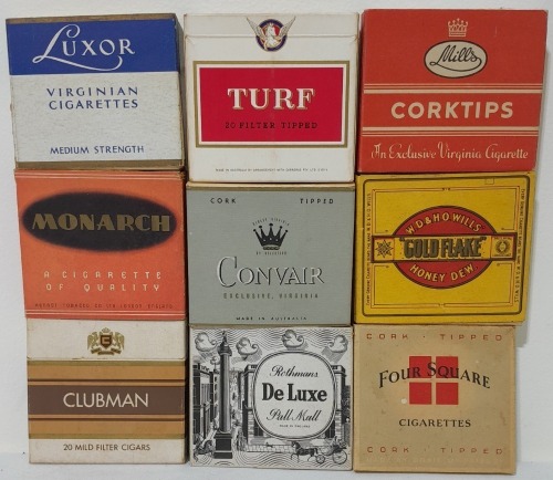 Tobacconalia x 9 - Cigarette packets including Turf, Luxor, Mills, Monarch, Gold Flake, Foursquare, Rothmans, Clubman, Convair