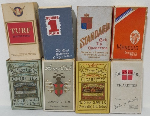 Tobacconalia x 8 - Collection of Australian made cigarettes incl. Three Caftles, Army Club, Foursquare, Turf, No. 1 Plain, Standard, Marquis
