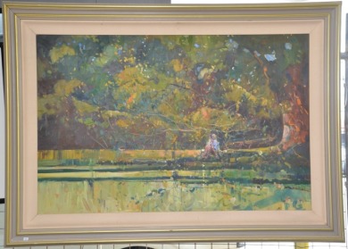 Artwork - Ken Strong 94, "Sunday In The Park", Oil On Board, Image Size 80 X 100cm, Signed & Dated L/R.