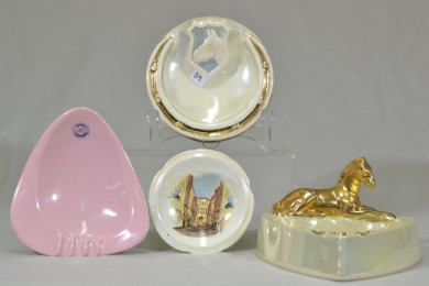 Australian Pottery - Wembley Ware Ashtrays x4 - Horse, Horseshoe, Rotary International Triangle, Village scene Dish
