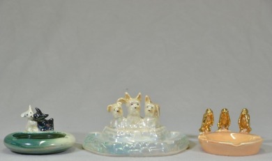 Australian Pottery - Wembley Ware Ashtrays x3 - Three Wise Monkeys, Three Terrier Dogs, Black & White dogs
