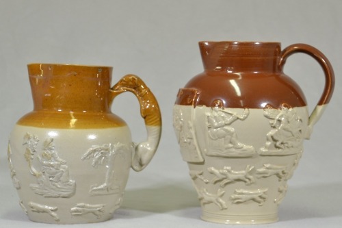 English Stoneware - 2 x Jugs with Harvest & Tavern scenes
