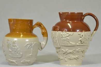English Stoneware - 2 x Jugs with Harvest & Tavern scenes