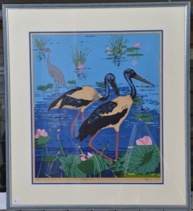 Artwork - Unknown Artist, Mixed medium print of Brolga's on wetlands, Image Size 45 x 39cm, Signed & Dated illegible L/R.