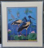 Artwork - Unknown Artist, Mixed medium print of Brolga's on wetlands, Image Size 45 x 39cm, Signed & Dated illegible L/R.