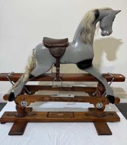 Toys - Timber Rocking Horse on silky oak railing, Named "Charlotte" - Minor Marks
