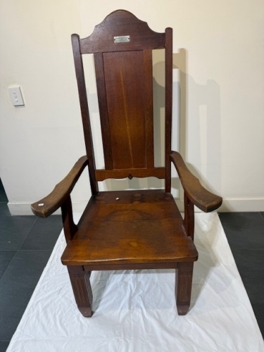 Furniture - Silky Oak Presentation Chair, Plaque for Indooroopilly Bowls Club. A/F