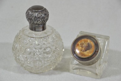 Silver Dressing table items x2 - Cut glass perfume bottle with hallmarked silver top & original stopper. Glass Beauty container with attractive lid