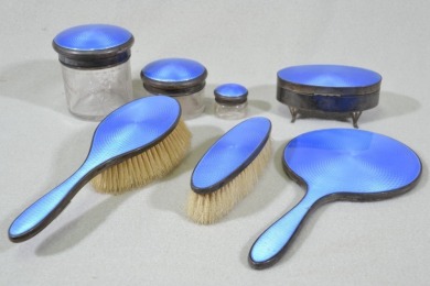 Silver Dressing table set - Seven Piece, Blue Enamel & Silver. All pieces have Hallmarks.