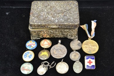 Badges & Pins - Group lot in pressed metal jewellery box. Includes, Silver, enamel & Celluloid.