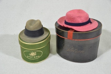 Salesman Sample - Group Lot, Stetson hats miniature box with plastic & felt hat inside. Stetson hats miniature box with felt only hat inside.
