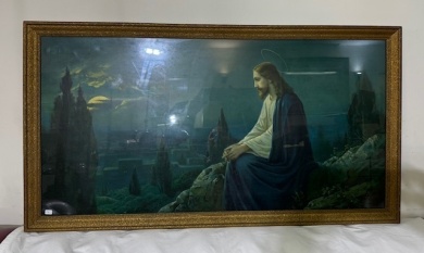 Artwork - "Jesus on Mount Sinai", Print in early timber frame. Image size 50 x 100cm.