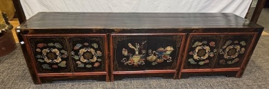 Furniture - Chinese Black lacquered Cabinet, L 195 x H 88cm x D 50cm.