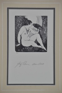 Artwork - Norman Lindsay, "Lady & Parrot", Original wood block print, Image Size 12 x 10cm, Comes with Bloomfield Certificate. Limited to 125