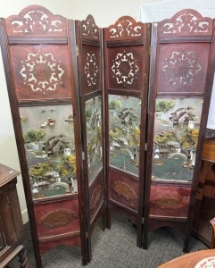 Furniture - Asian Carved Timber screen with silver overtones, 4 panels, H 174cm x L 142cm A/F. Decoration to both sides