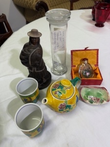 Group Lot - Various (7) - Hand painted yellow teapot with matching beakers, Tall French apothecary jar, Australian Pottey Pin Dish, Chinese Glass Snuff Bottle, Wooden Carving of a South American Women