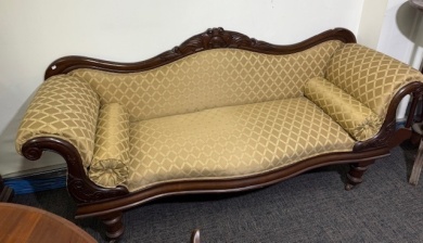 Furniture - Victorian Style Double Ended Chaise Lounge with Gold toned Upholstery, L 200cm.
