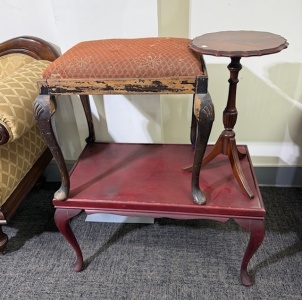 Furniture x3 - Piano stool, Wine Table, Coffee Table, All are veneer and require restoration. A/F