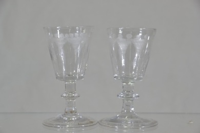 Antique Glass - Georgian cordial glass, 1 pair, Crudely hand made with pontil to base and elaborate etching.