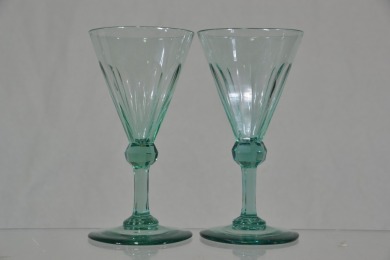 Antique Glass - Georgian wine glass, 1 pair, hand cut facetted finish in light green