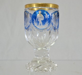 Antique Glass - Bohemian glass goblet, hand cut with decorative medallions in blue glass, with brass rim