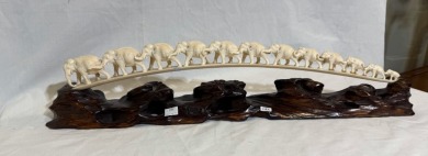 Asian Artifact - Large non composite elephant bridge on hand carved timber stand. Old repairs to two elephants.